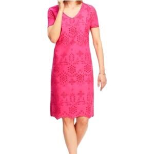 Talbots Womens 12 Dress Eyelet Short Sleeve Floral Barbie Pink Spring Summer
